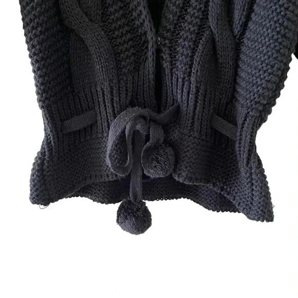 Black Knit Open Front Tie Snap Button Closure ¾ Sleeves Sweater Women’s Cardigan - Picture 3 of 13